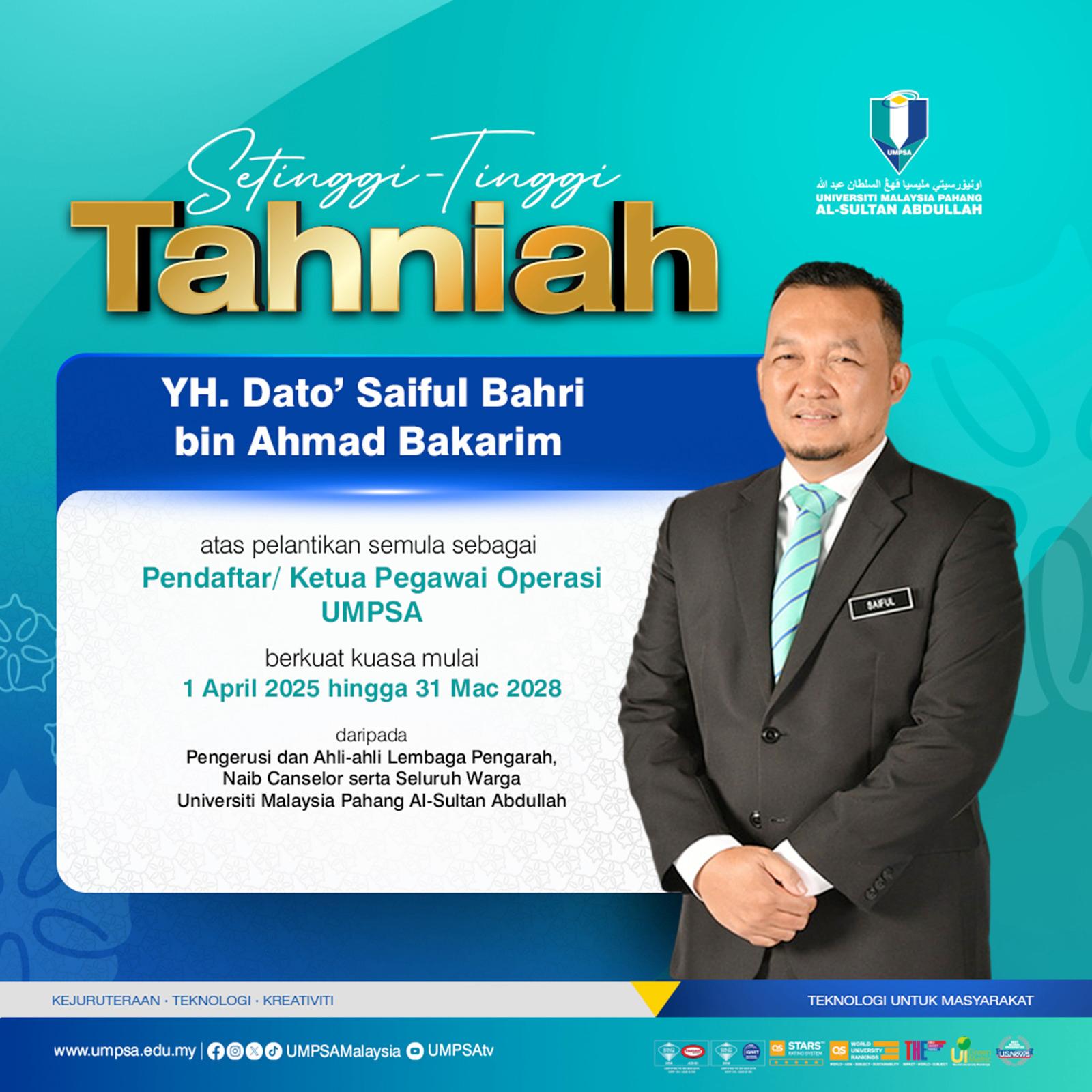 HEBAHAN PEMAKLUMAN PELANTIKAN SEMULA PENDAFTAR/KETUA PEGAWAI OPERASI UNIVERSITI MALAYSIA PAHANG AL-SULTAN ABDULLAH (UMPSA)